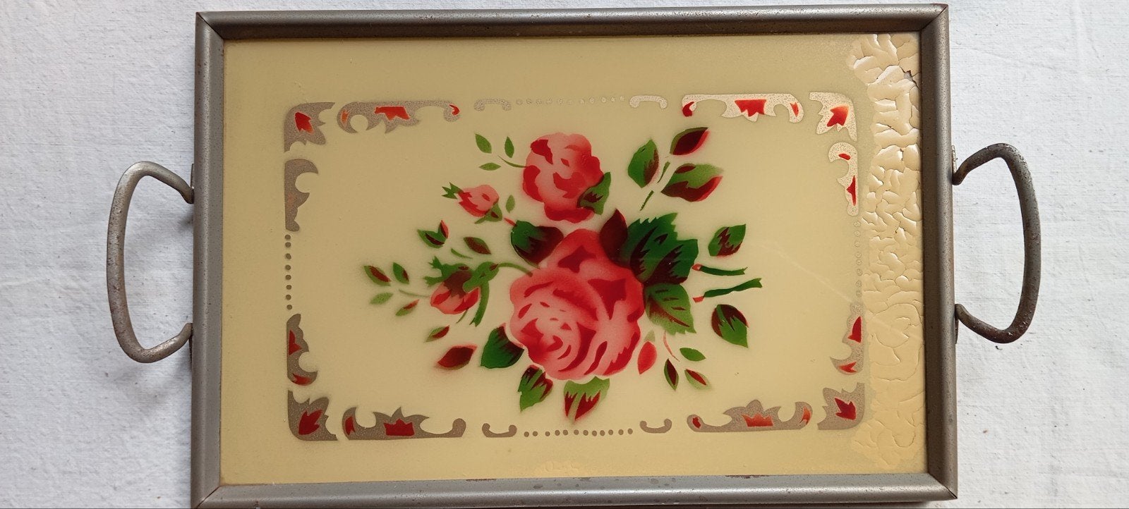 vintage dienblad met rozen onder glas, Ophalen of Verzenden, Gebruikt, Hout
