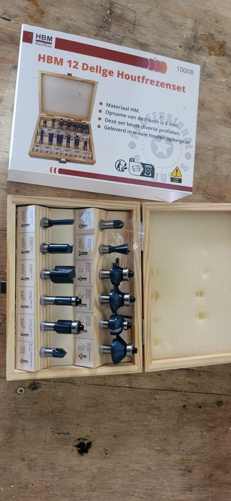 HBM 12-delige Houtfrezenset - Nieuw in houten kist, Doe-het-zelf en Verbouw, Gereedschap | Freesmachines, Ophalen of Verzenden