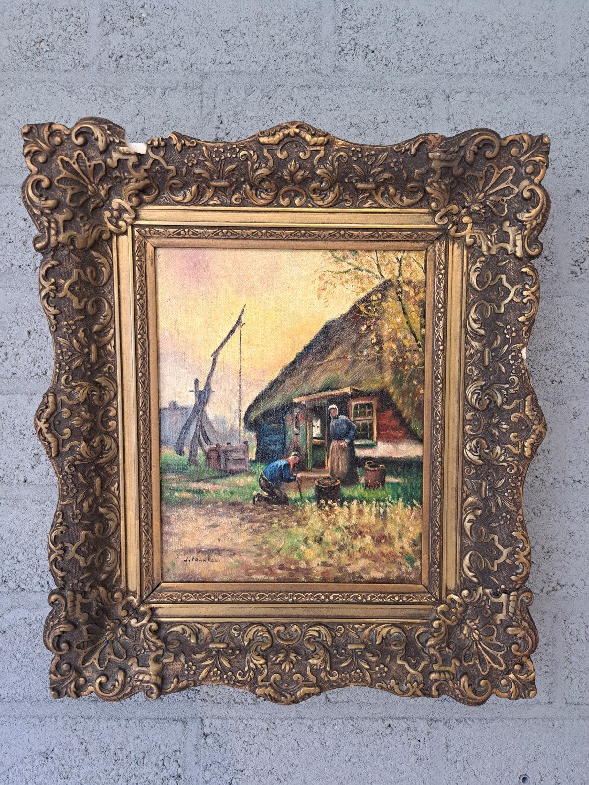 Olieverfschilderij J. Franken - Hollands landschap, Antiek en Kunst, Kunst | Schilderijen | Klassiek, Ophalen of Verzenden
