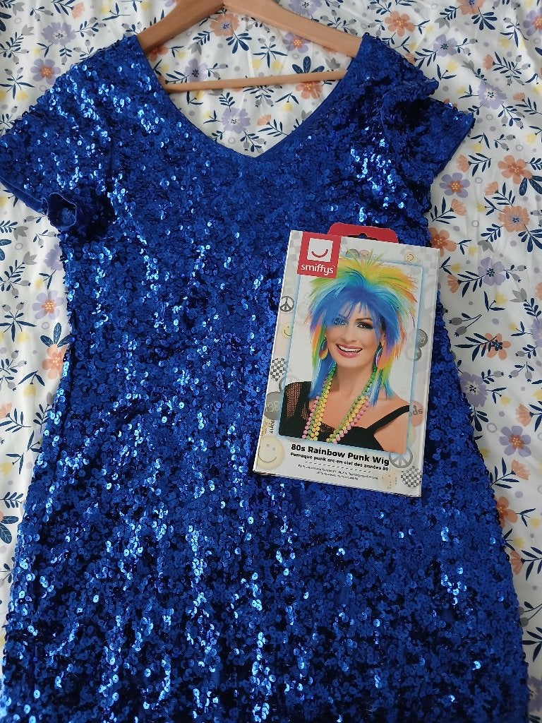 Glitterjurkje met pruik, Overige typen, Blauw, Maat 42/44 (L), Ophalen of Verzenden