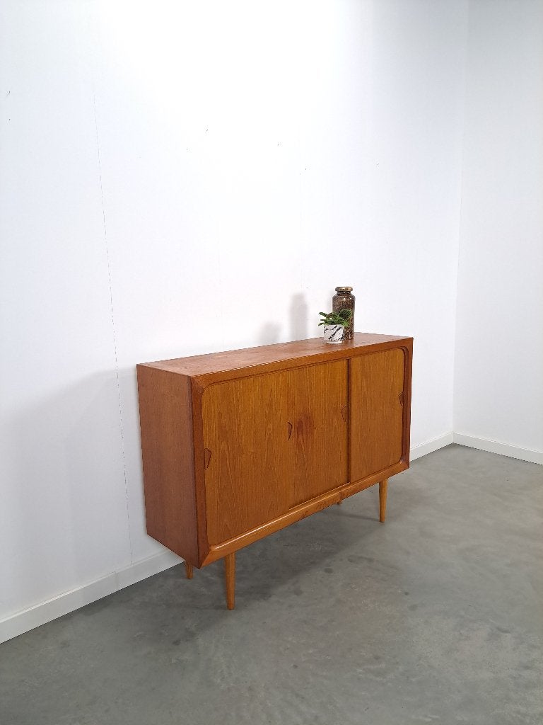 Mid Century Deens teak hoog dressoir, Teakhout, Gebruikt, 100 tot 150 cm, 150 tot 200 cm