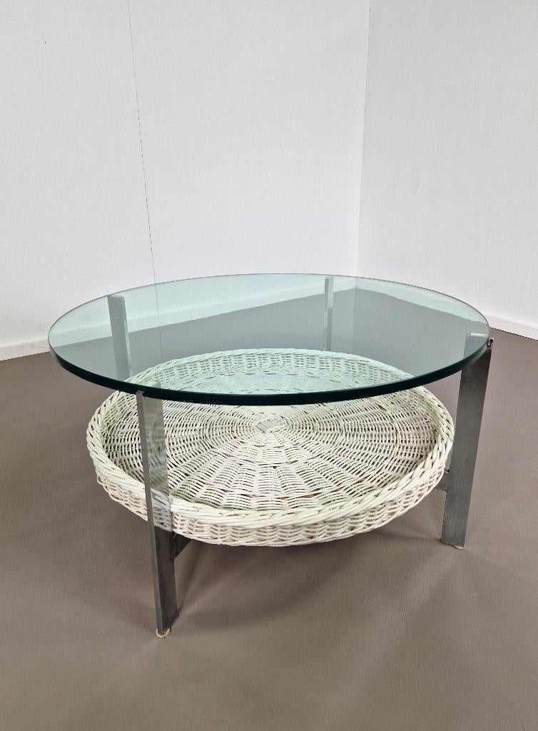 Stalen salontafel | Rotan mand | Glazen blad, Ophalen, Gebruikt, -, -