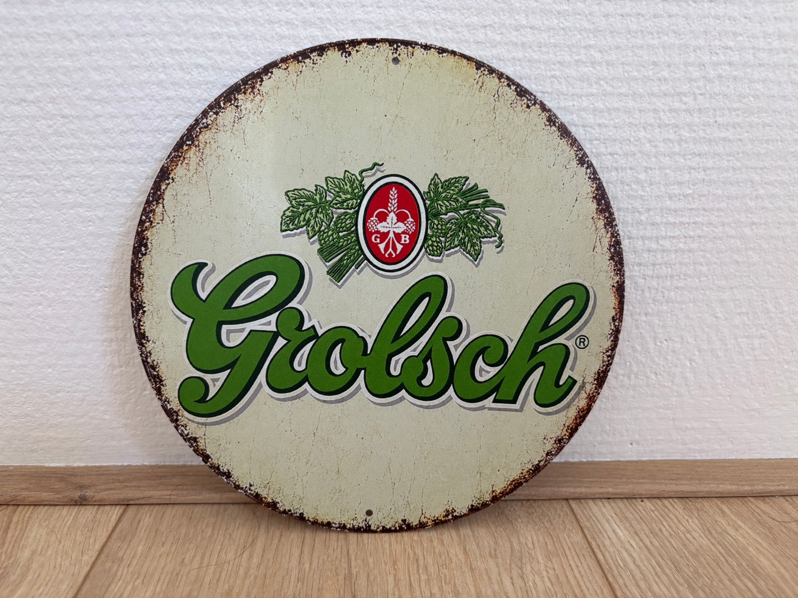 Prachtig rond vintage reclamebord Grolsch (20x20), Ophalen of Verzenden, Zo goed als nieuw, Reclamebord