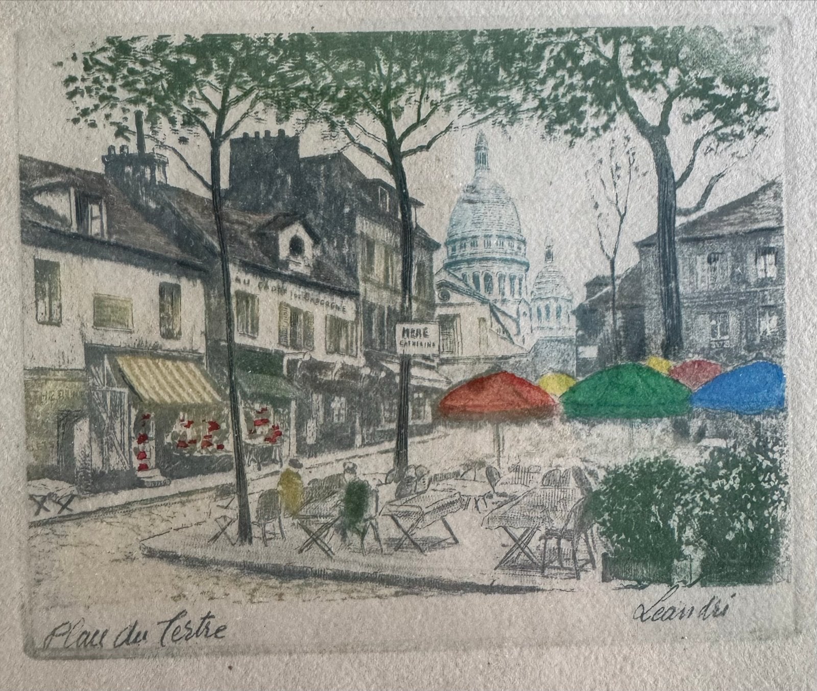 Ets 'Place du Tertre' van Leandri, Parijs, Antiek en Kunst, Stadsgezicht, Ophalen of Verzenden, Gesigneerd, 1950 - 1999