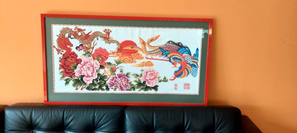 Chinees Kruissteek 101x55 cm  Draak  Design lijst japandi, Overige onderwerpen, Vintage, Ophalen, Achter glas