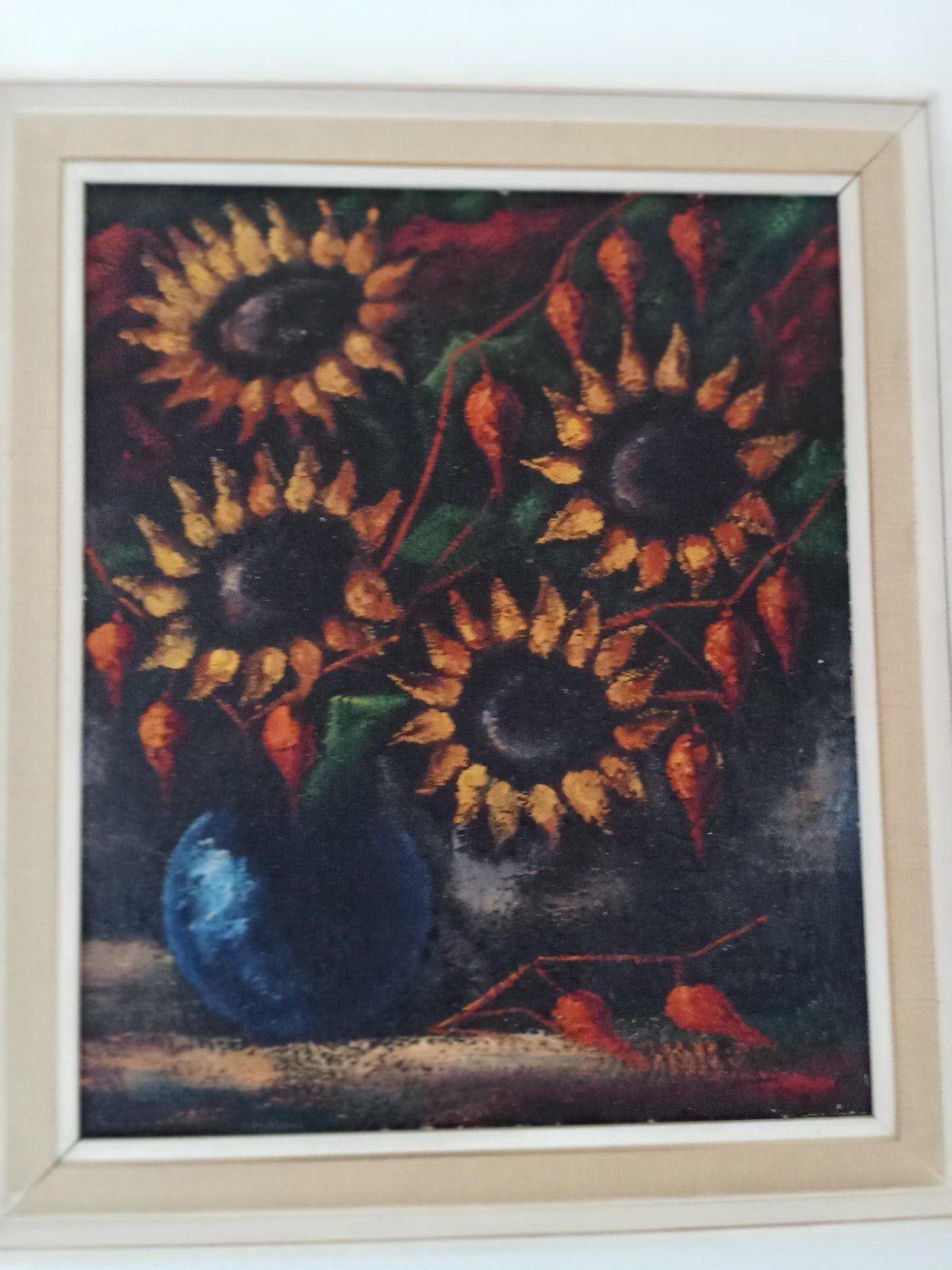 Antiek Schilderij: Zonnebloemen in Vaas - Olieverf op Doek, Bloemen, Doek, Ophalen of Verzenden, Olieverf