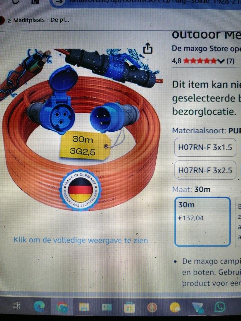 Camping Stroomkabel 30m Caravan  30 Meter, Ophalen of Verzenden, Nieuw
