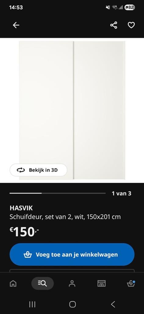 IKEA PAX Schuifdeur Hasvik wit 150x201 cm, Ophalen of Verzenden, Zo goed als nieuw, 50 tot 75 cm, 200 cm of meer