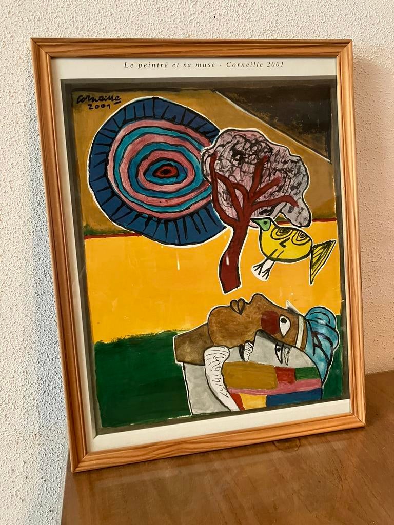 Kleurrijk  kunstwerk Corneille Le peintre et sa muse, Ophalen of Verzenden