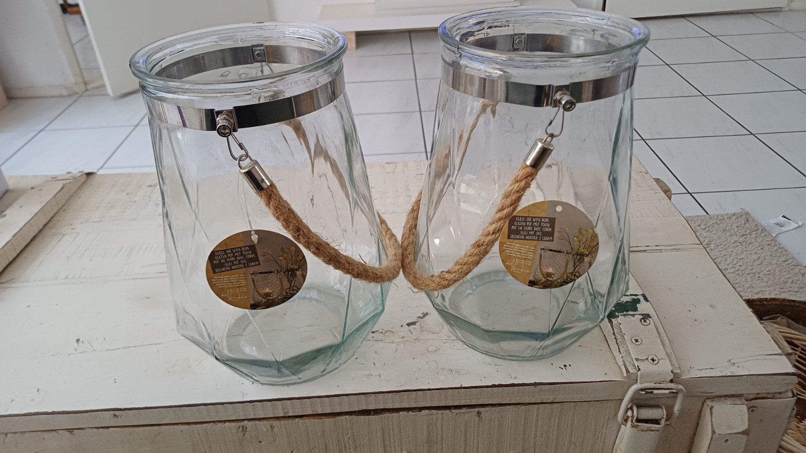 Set van 2 sfeervolle glazen windlichten, Ophalen, Overige kleuren, Glas, Minder dan 50 cm