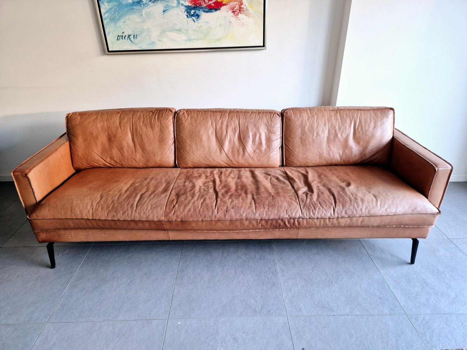 Leren 3-zitsbank - Cognac kleurig, Ophalen, Gebruikt, Driepersoons, Vintage, Modern, Industrieel