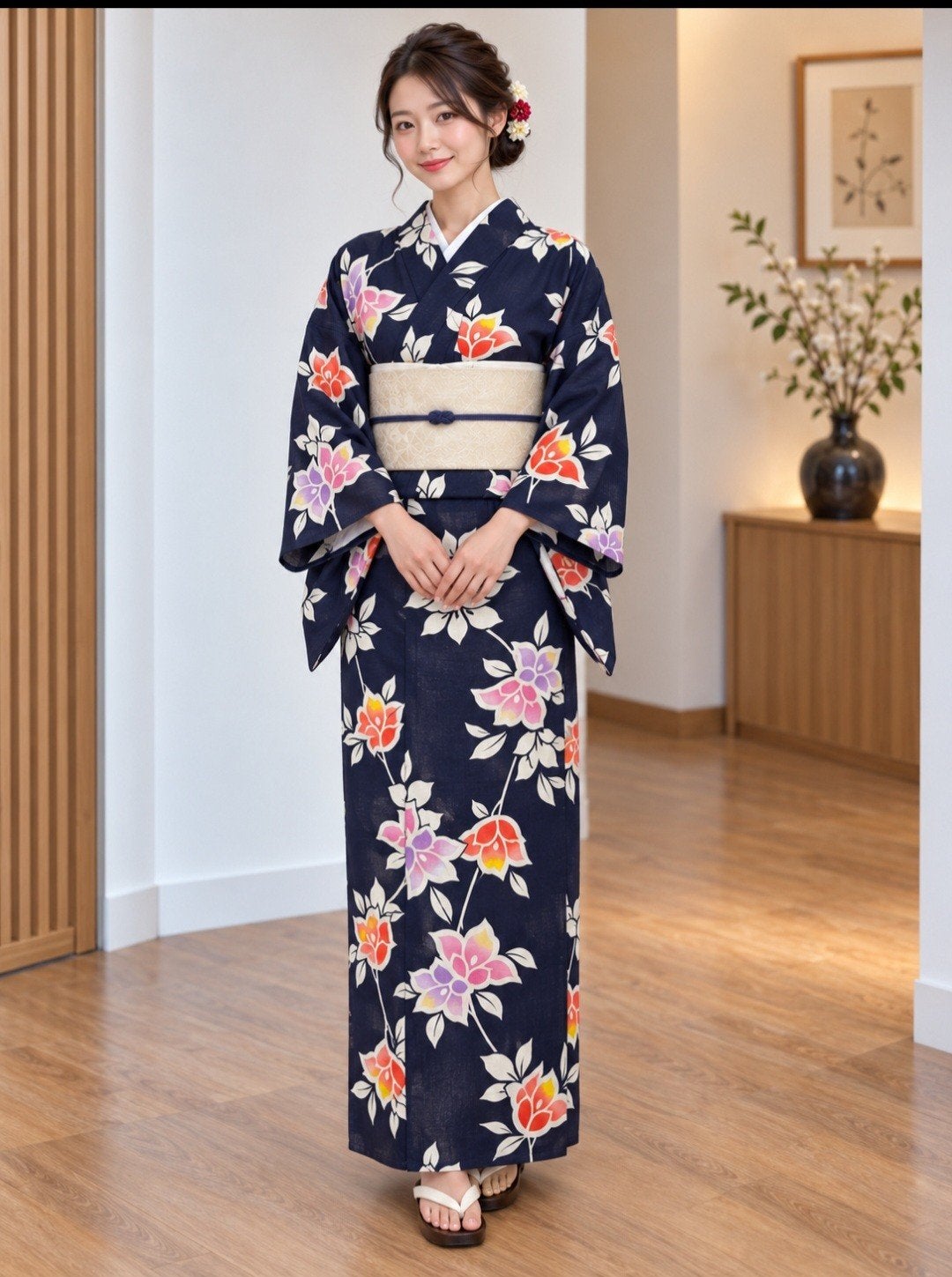 Vintage Japanse dames yukata – donkerblauw met bloemen – maa, Ophalen of Verzenden, Zo goed als nieuw