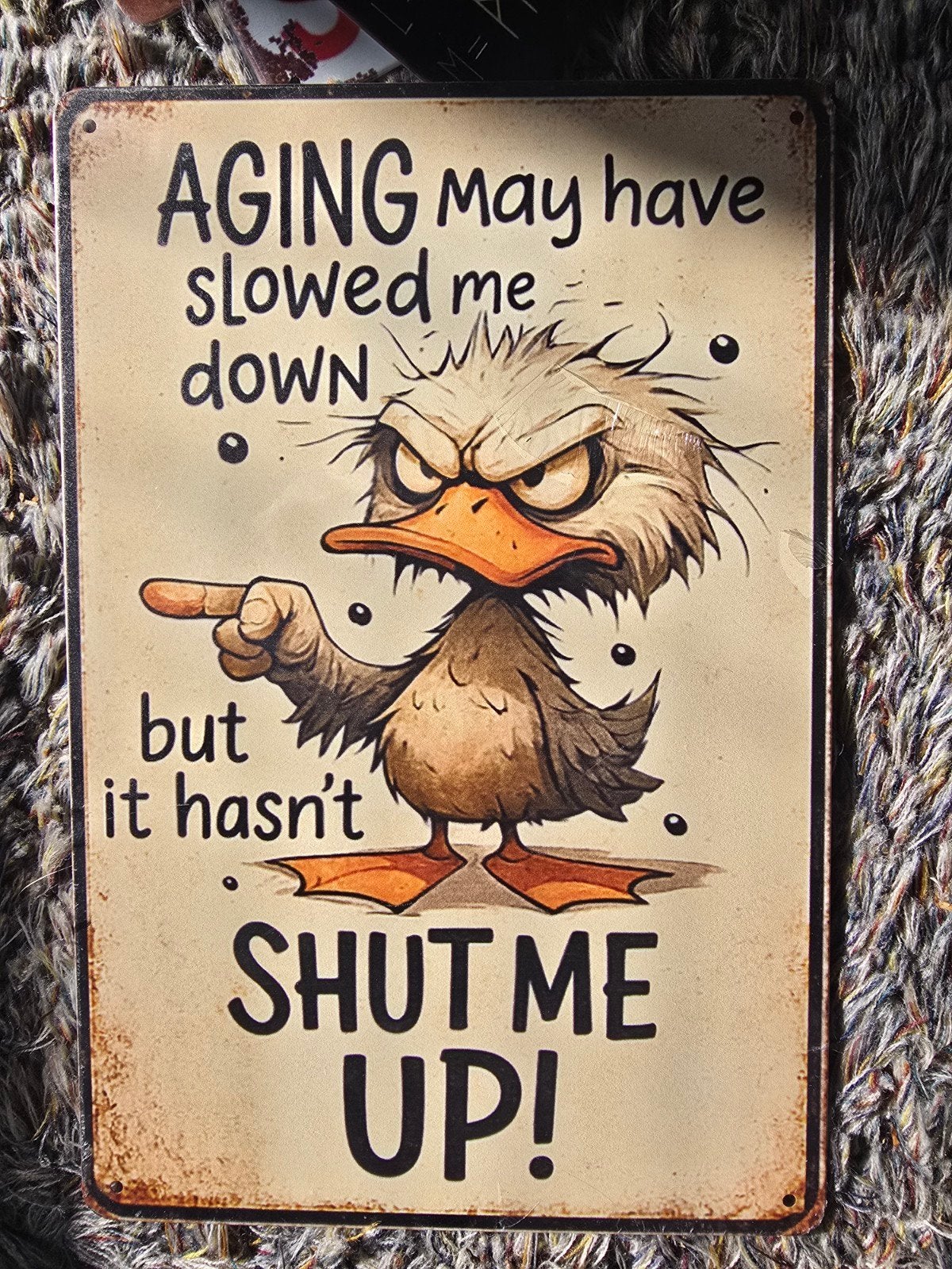 Grappig metalen bord: 'Aging may have slowed me down', Vintage, Meerkleurig, Ophalen of Verzenden, Zo goed als nieuw