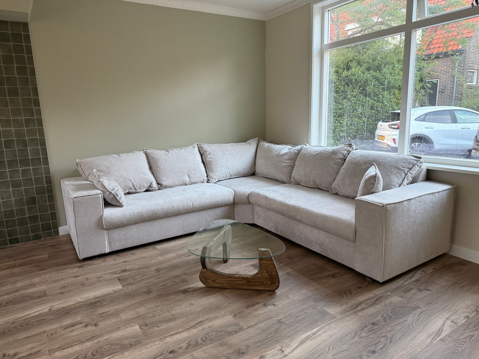 Hoekbank beige/ivoor nieuw, te groot voor ons huis., Huis en Inrichting, Ophalen, 250 tot 300 cm, Hoekbank, Nieuw