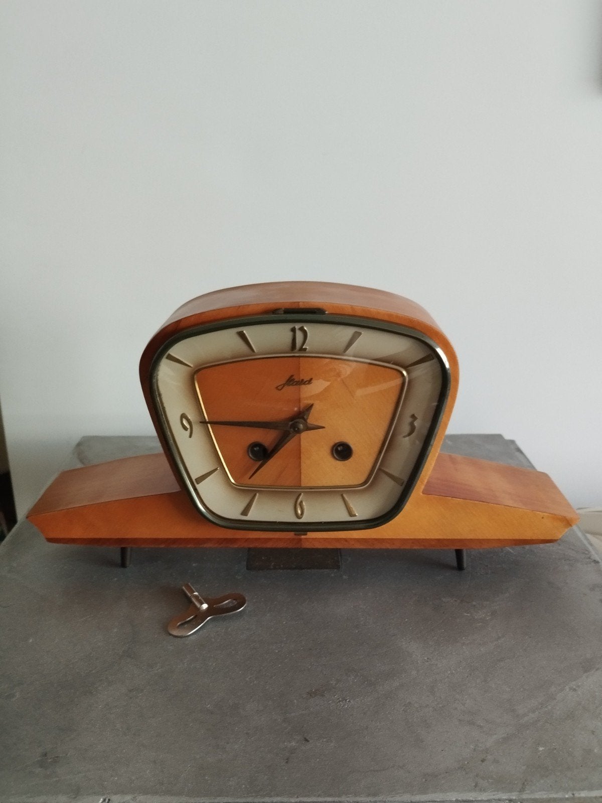 Vintage mechanische tafel/schouw klok mid century FHS/Haid, Ophalen
