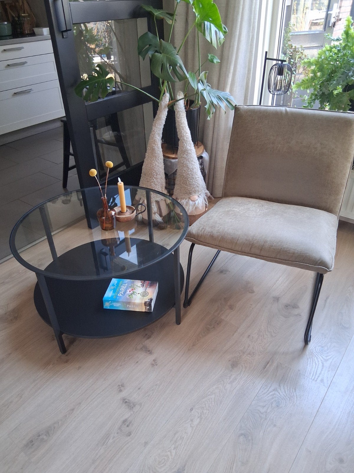 Stijlvolle stoel en glazen salontafel, Ophalen, Gebruikt, Overige kleuren, Stof