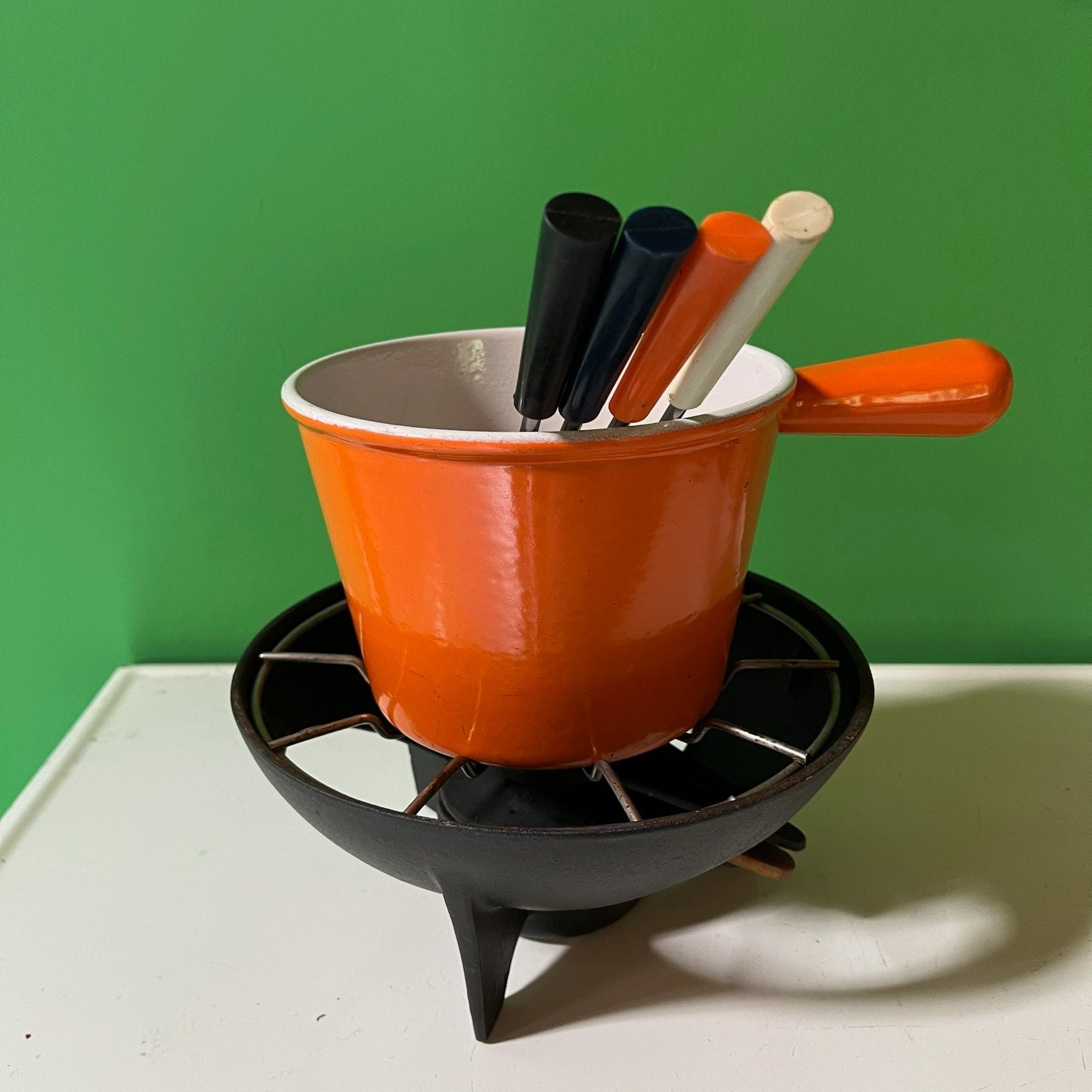 Le Creuset fonduestel inclusuef Le Creuset fonduevorken, Ophalen of Verzenden, Gebruikt, Brander, Fondueset