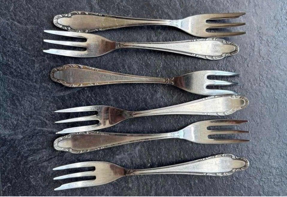 Set van 6 Antieke Verzilverde Gebaksvorkjes, Antiek en Kunst, Ophalen of Verzenden