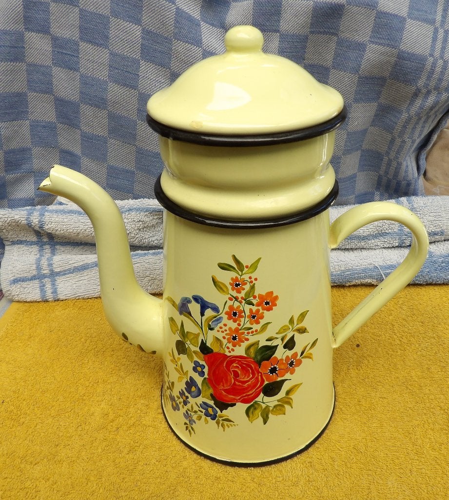 emaille koffiekan/ koffiepot met filter/ geel email kan, Antiek en Kunst, Antiek | Emaille, Ophalen of Verzenden