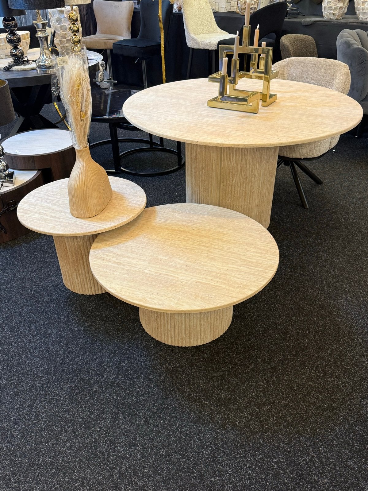 Ronde Japandi Travertin Salon- en Eettafel Set van 3 stuks, Rond, Nieuw, Ophalen of Verzenden, Overige materialen