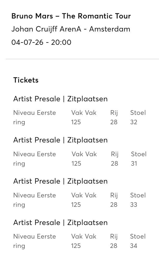 Bruno Mars - 4 topplaatsen naast elkaar, Tickets en Kaartjes, Drie personen of meer, Juli