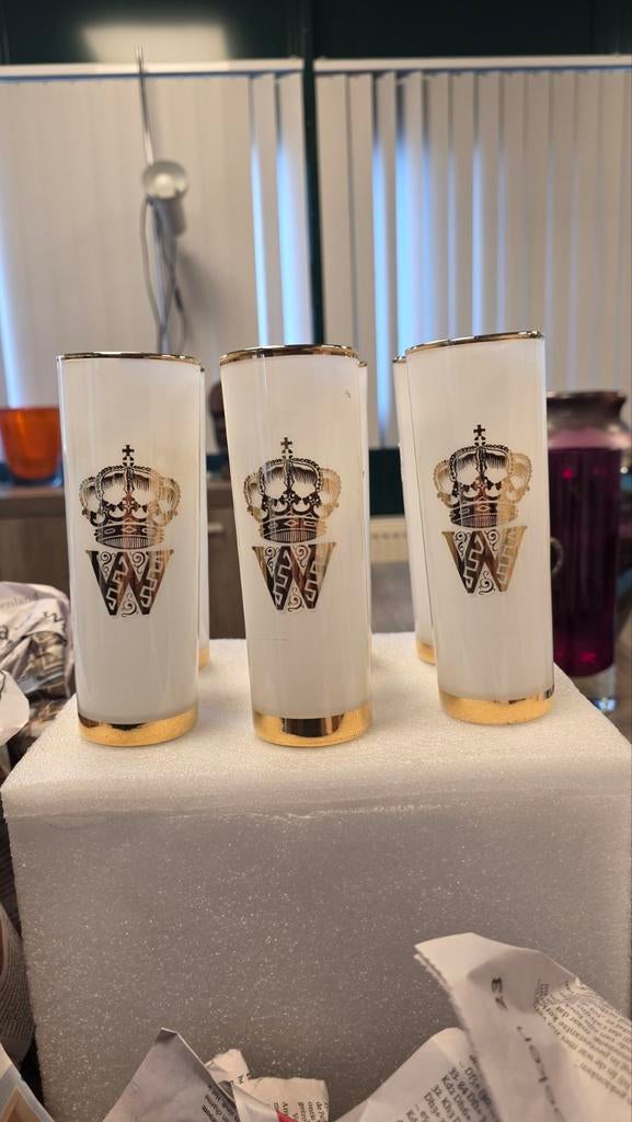 Antieke opaline glazen met bladgoud Wilhelmina 6 stuks, Ophalen of Verzenden