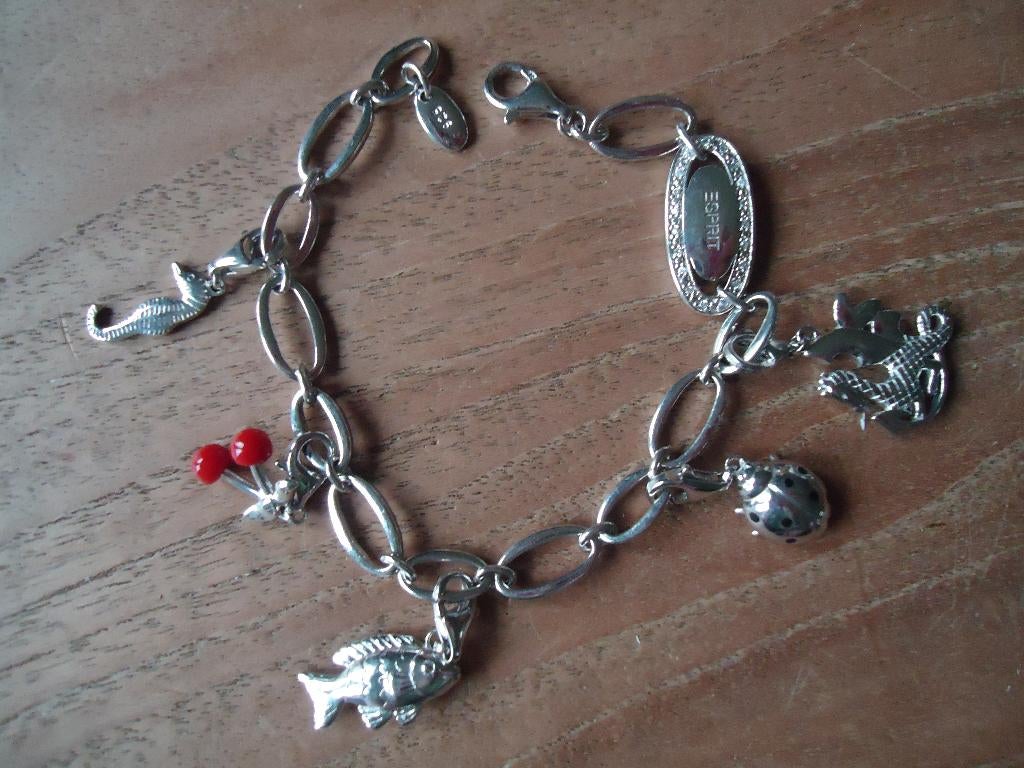 mooie echt zilveren armband met 5 hang on bedels ESPRIT 925, Ophalen of Verzenden, Zo goed als nieuw, Zilver, Zilver