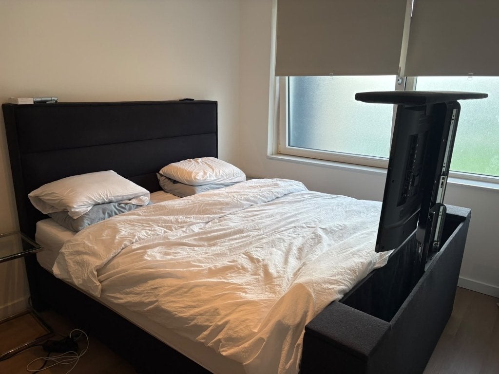 Zwarte boxspring met tv lift en auping royal matras, Ophalen, Zwart, Tweepersoons, Zo goed als nieuw