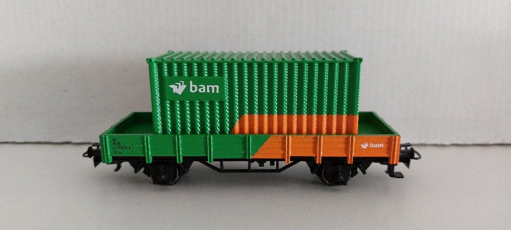 Bam Lage Bakwagon met 20ft. Container *Nieuw* (03), Hobby en Vrije tijd, Wisselstroom, Ophalen of Verzenden, NS, Märklin