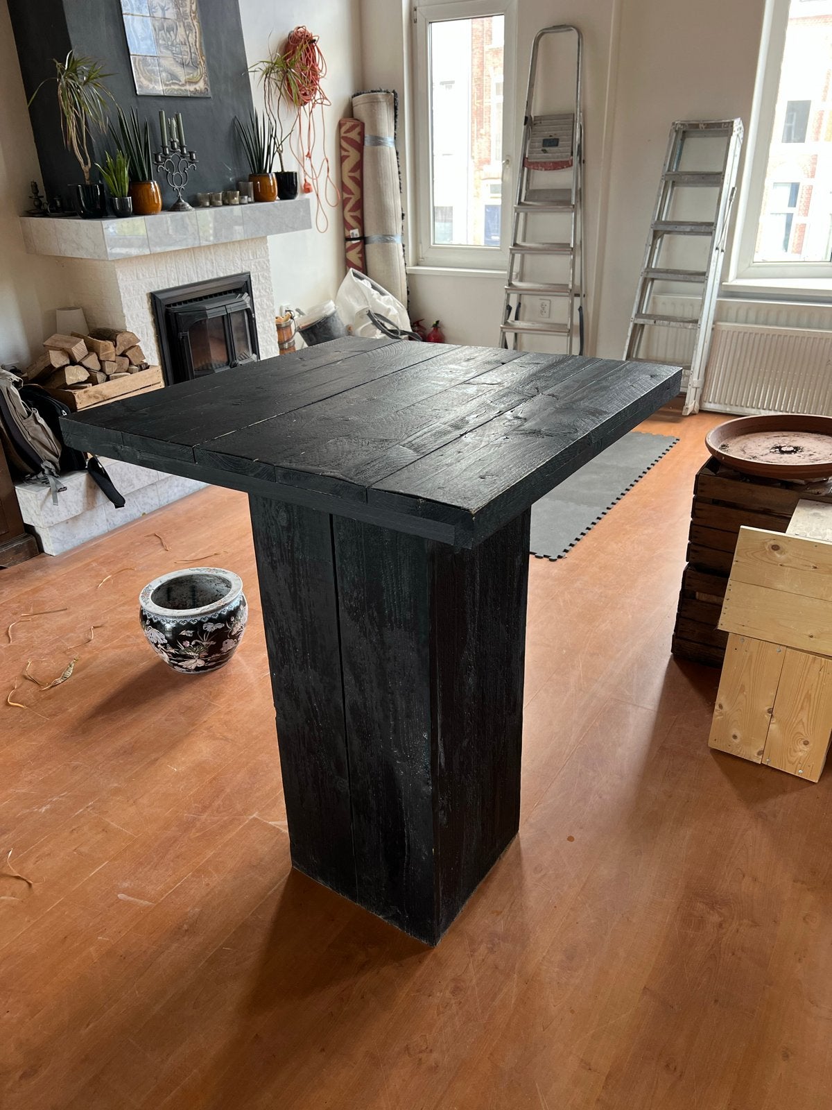 Steigerhouten statafel 74x74 cm - Zwart, Ophalen, Gebruikt