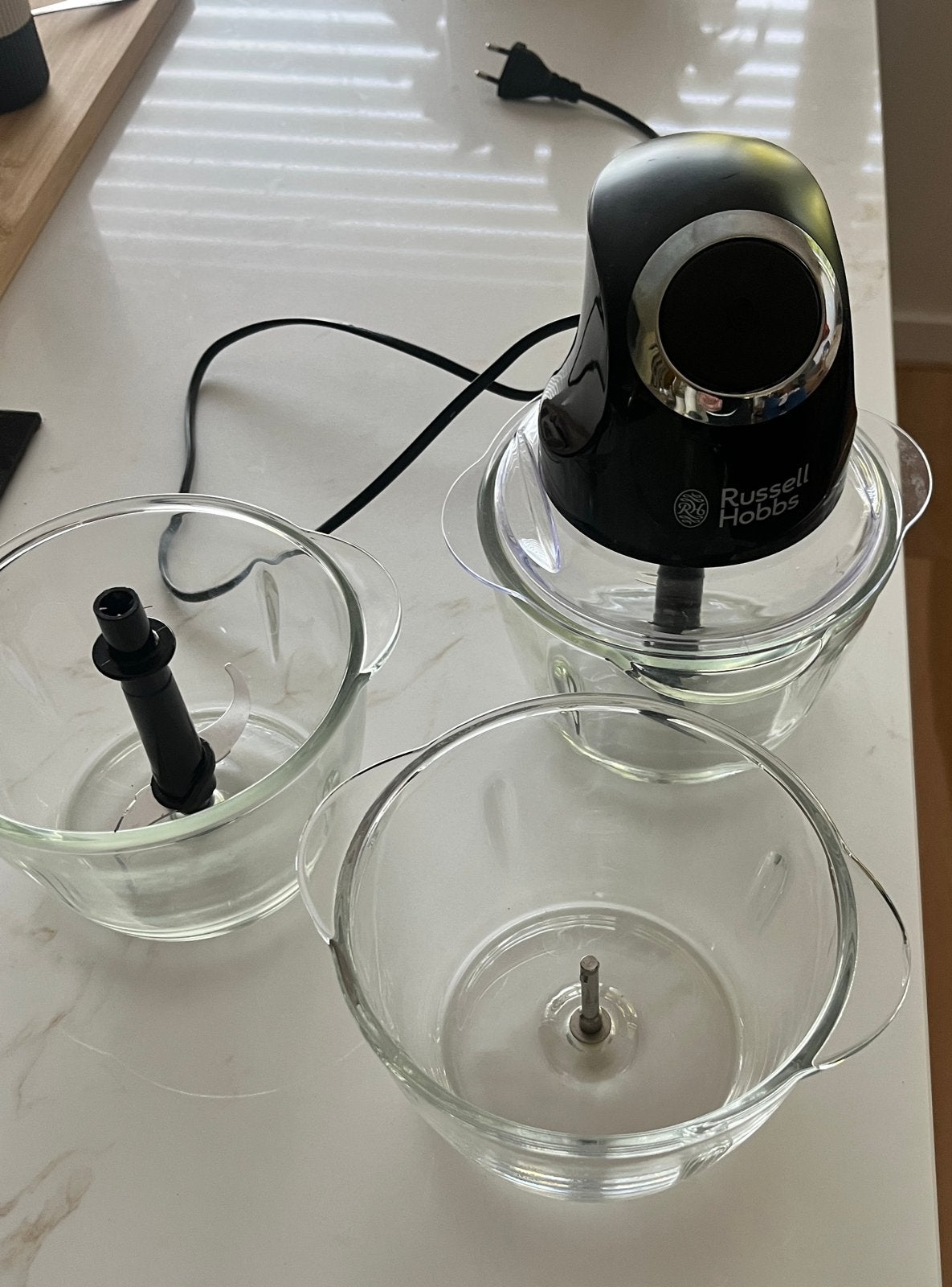 Russell Hobbs hakmolen met 3 glazen kommen, Witgoed en Apparatuur, Gebruikt, Ophalen of Verzenden, Vaatwasserbestendig, Minder dan 1 liter