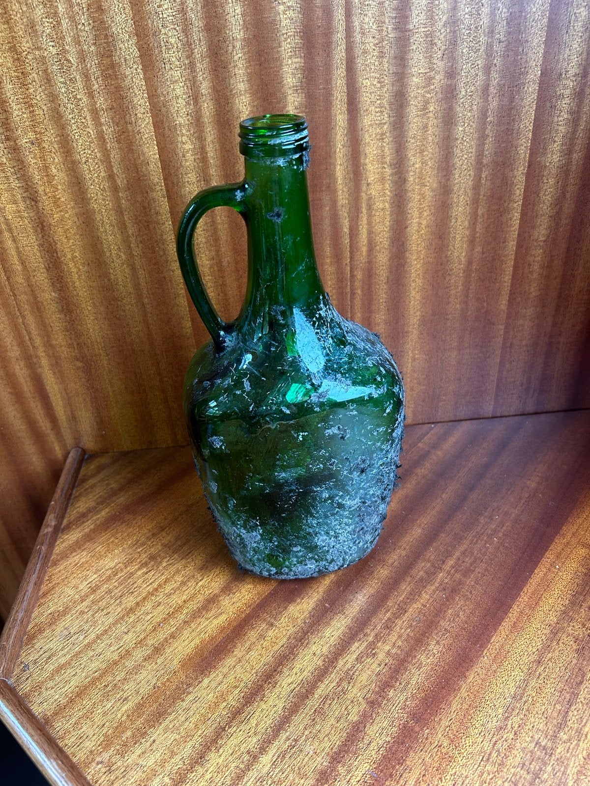 Antieke Groene Glazen Fles met Handvat - Gevonden in Zee, Ophalen of Verzenden