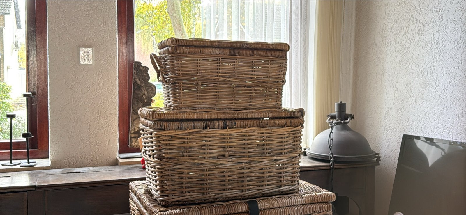 Twee rotan manden met deksel, Ophalen, Gebruikt, Met deksel, Mand