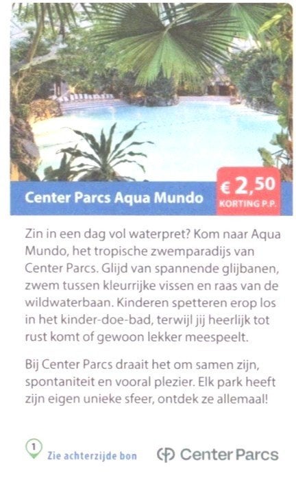 Center Parcs Aquamundo € 2,50 korting p.p., Drie personen of meer, Kortingsbon, Bungalowpark
