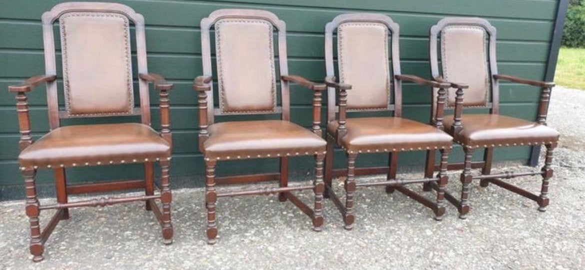 Set van 4 antieke eiken Engelse eetkamer armstoelen, Ophalen
