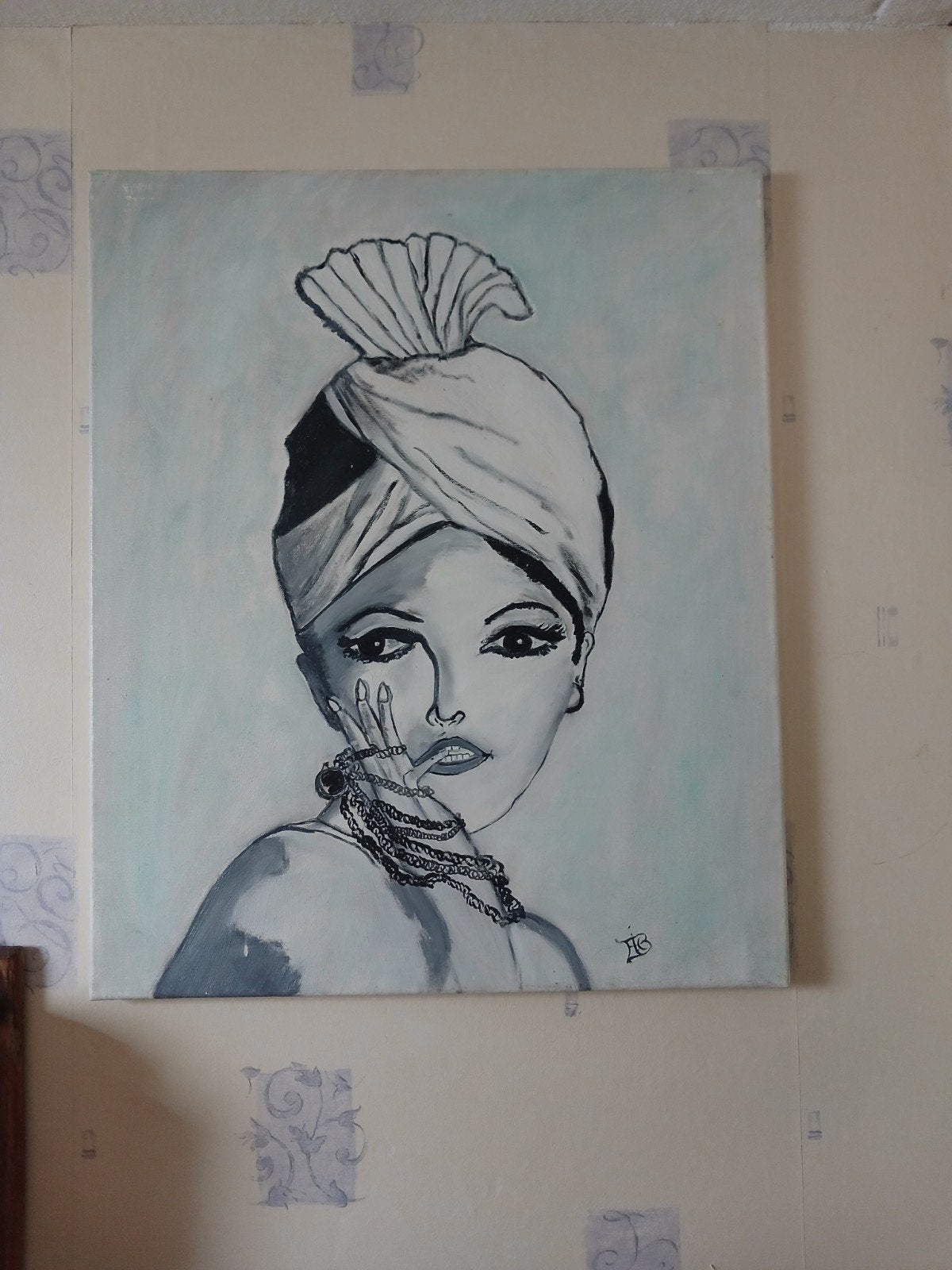 Schilderij: Vrouw met Turban breedte 50 cm lengte 60 cm, Antiek en Kunst, Acrylverf, Ophalen of Verzenden, Handgeschilderd, Portret
