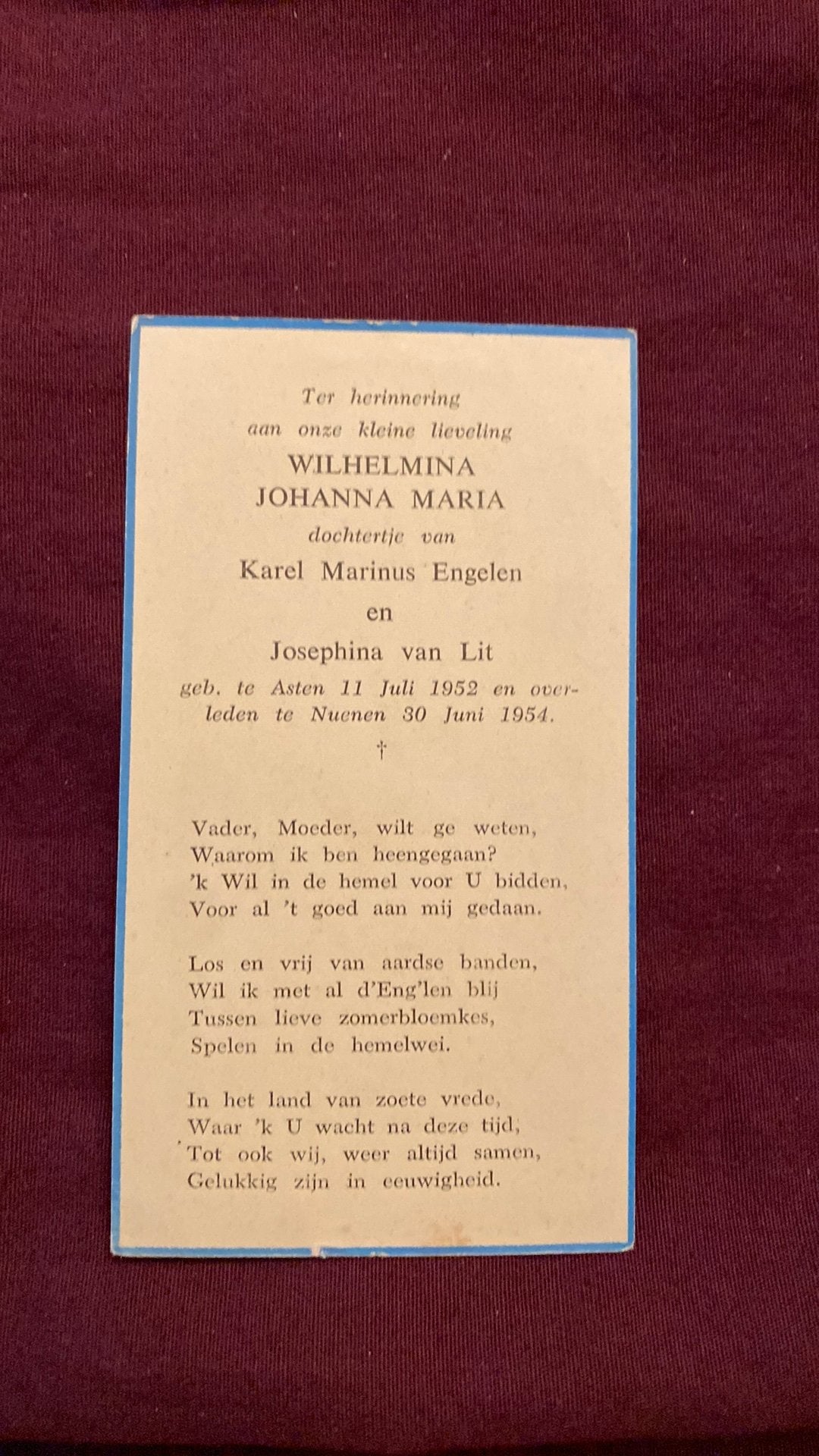 2-jarige WJM Engelen (- van Lit) 1952 Asten 1954 Nuenen, Ophalen of Verzenden