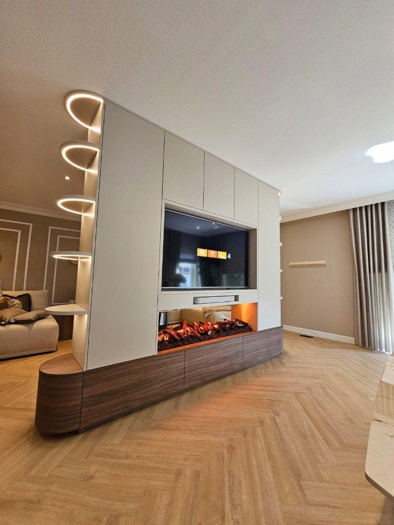 Tv wandkast met sfeerhaard op maat, Eikenhout, 200 cm of meer, Nieuw, Ophalen of Verzenden