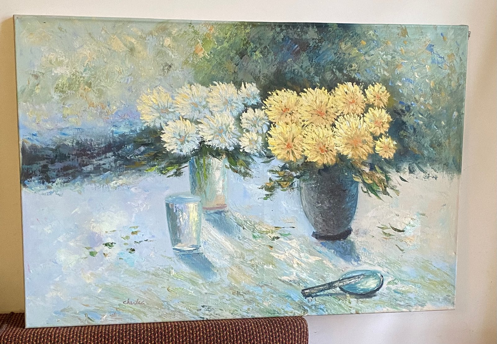 Stilleven met chrysanten en een glas water, Ophalen of Verzenden