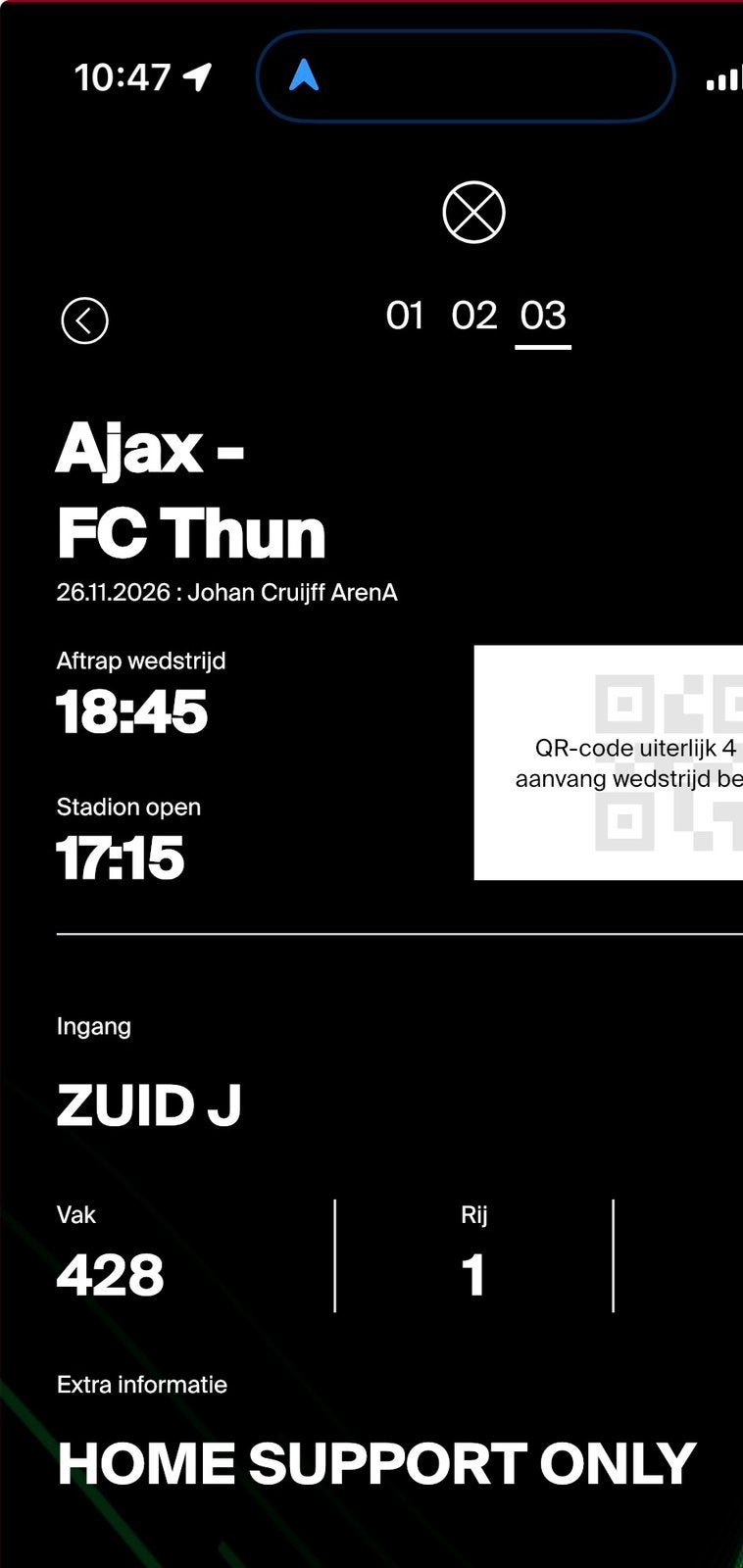 1 kaart Ajax - FC Thun vak 428 rij 1, Tickets en Kaartjes, Losse kaart, Eén persoon, November, Europa of Champions League