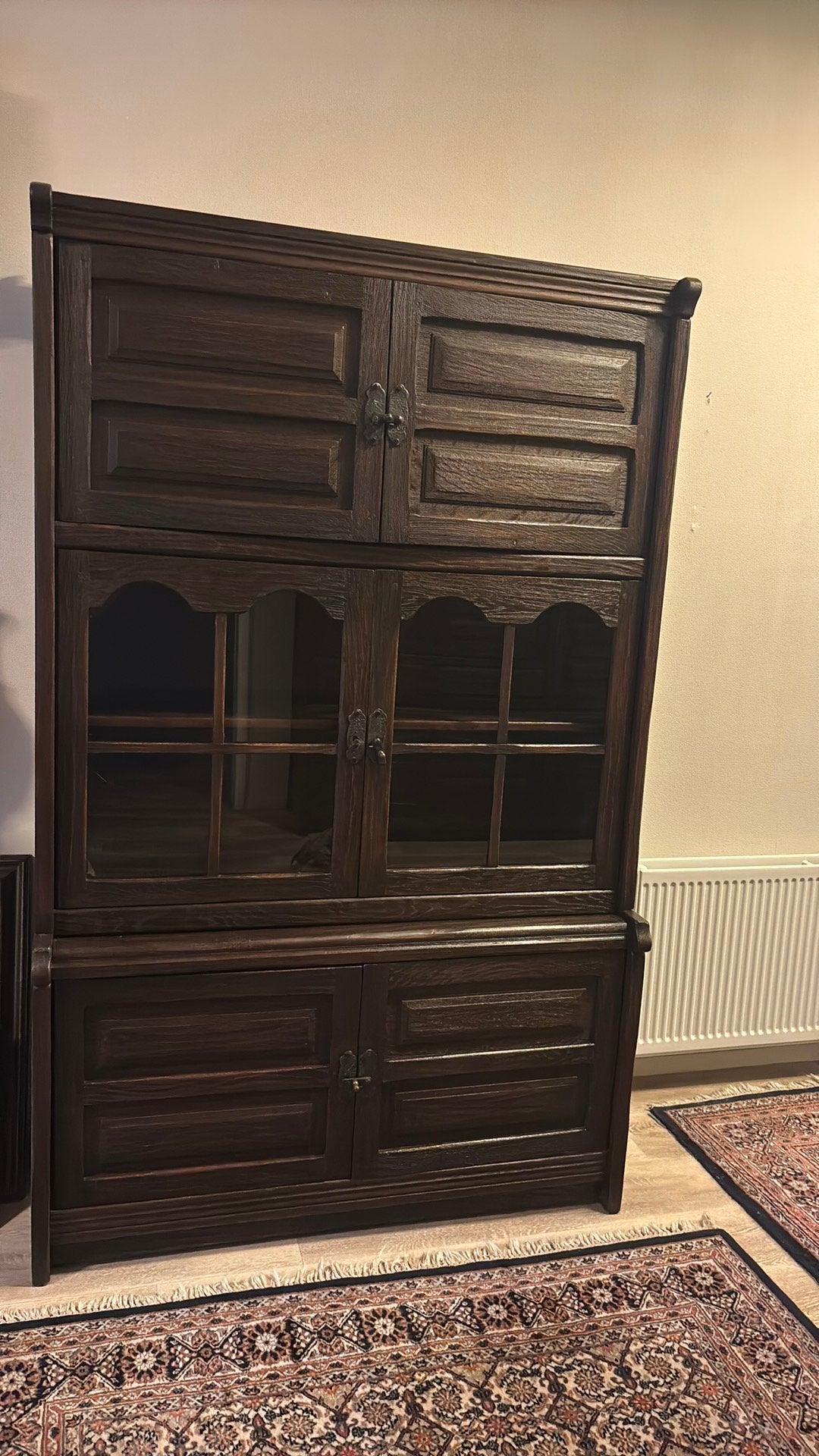 Antieke Eikenhouten Boekenkast/Vitrinekast, Ophalen, Gebruikt, Glas, 150 tot 200 cm