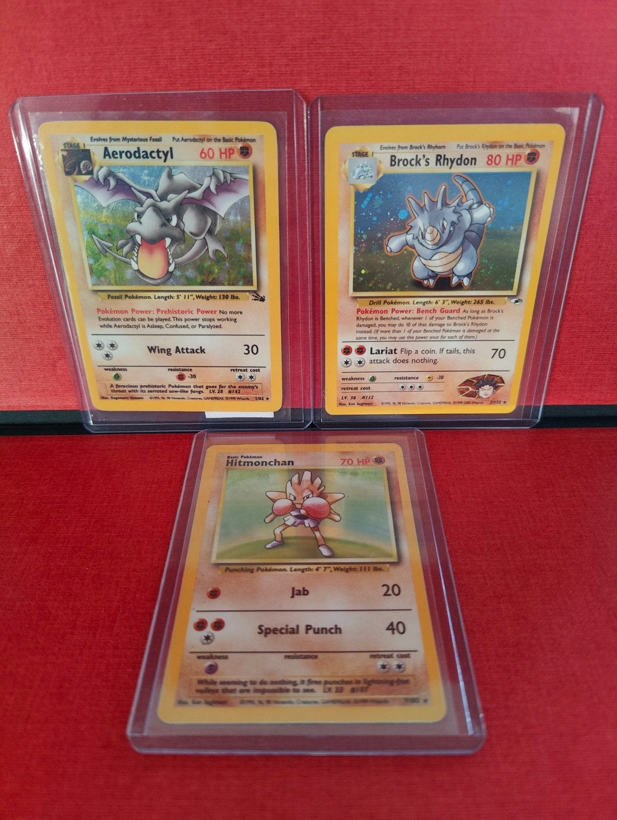 Pokemon kaarten Aerodactyl Rhydon Hitmonchan 1999, Ophalen of Verzenden, Gebruikt, Meerdere kaarten
