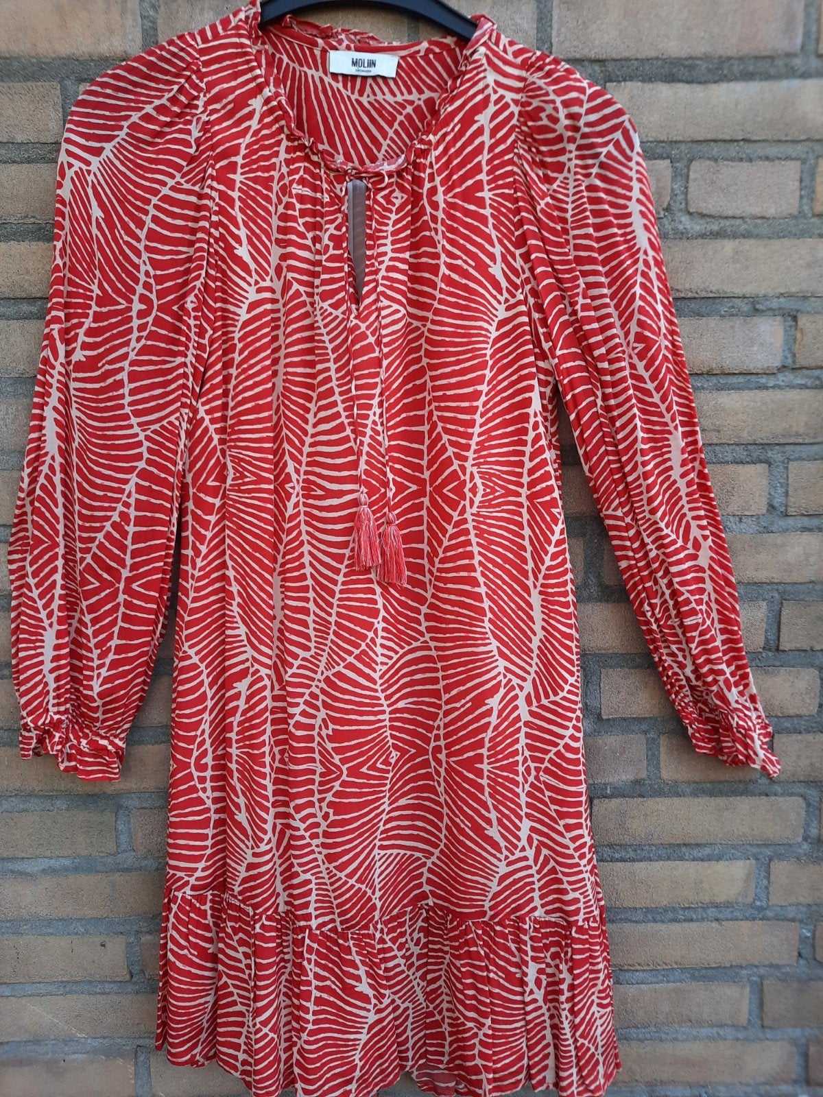 Moliin, jurk, maat s/m, rood met crême kleurige print, Kleding | Dames, Jurken, Moliin, Ophalen of Verzenden, Zo goed als nieuw