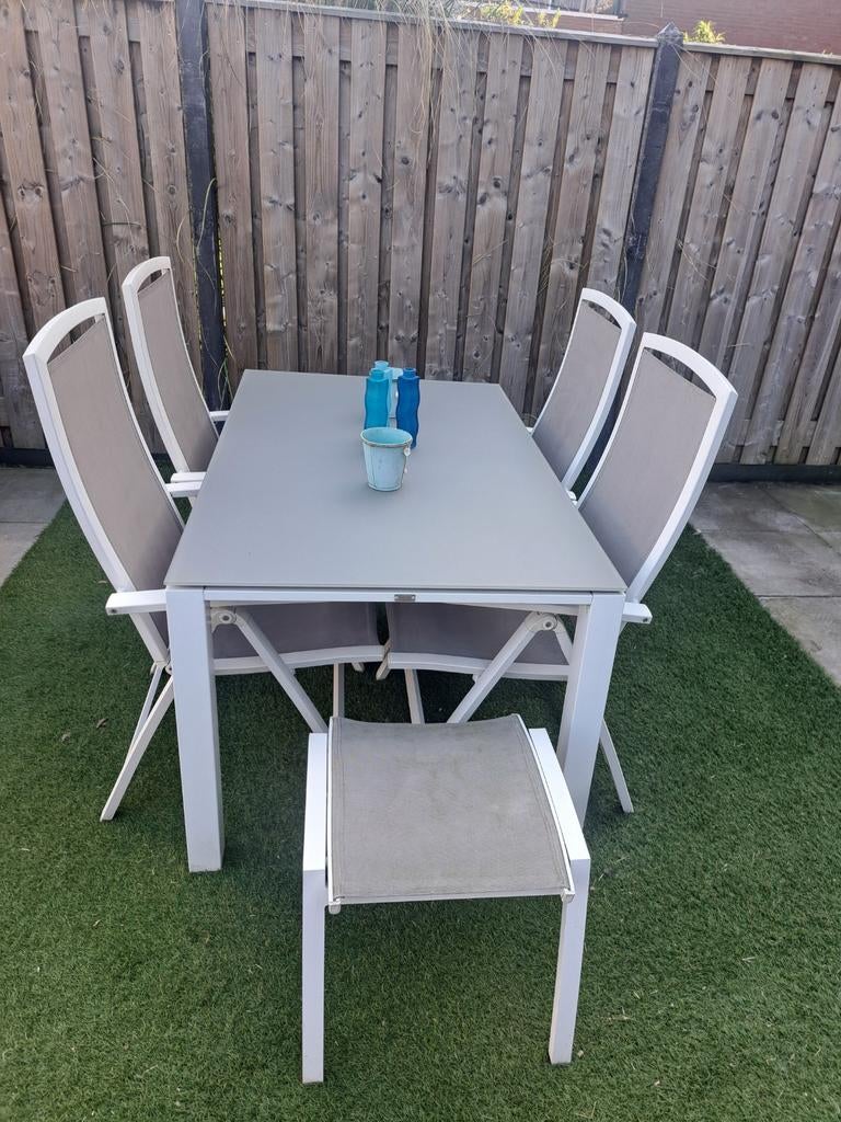 Tuinset met 4 verstelbare stoelen en krukje, Ophalen, 4 zitplaatsen, Gebruikt, Aluminium