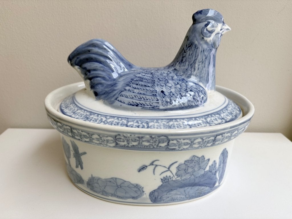 VINTAGE CHINESE BLAUWE TERRINE MET KIP, Ophalen of Verzenden