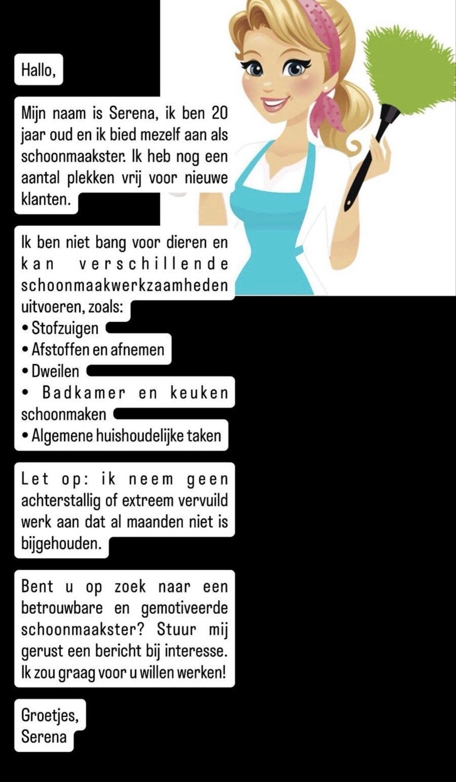 Schoonmaakster zoek nieuwe adressen