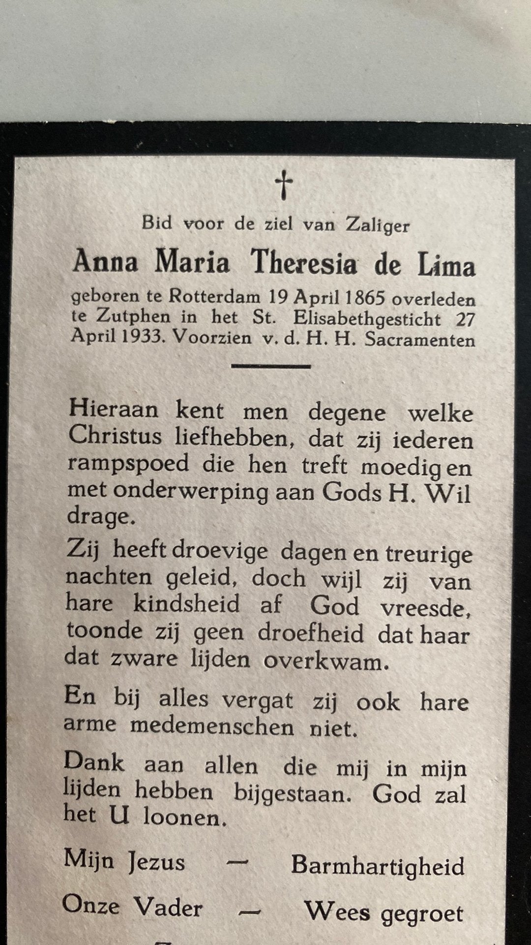 Anna MTh de Lima 2865 Rotterdam 1933 Zutphen, Ophalen of Verzenden