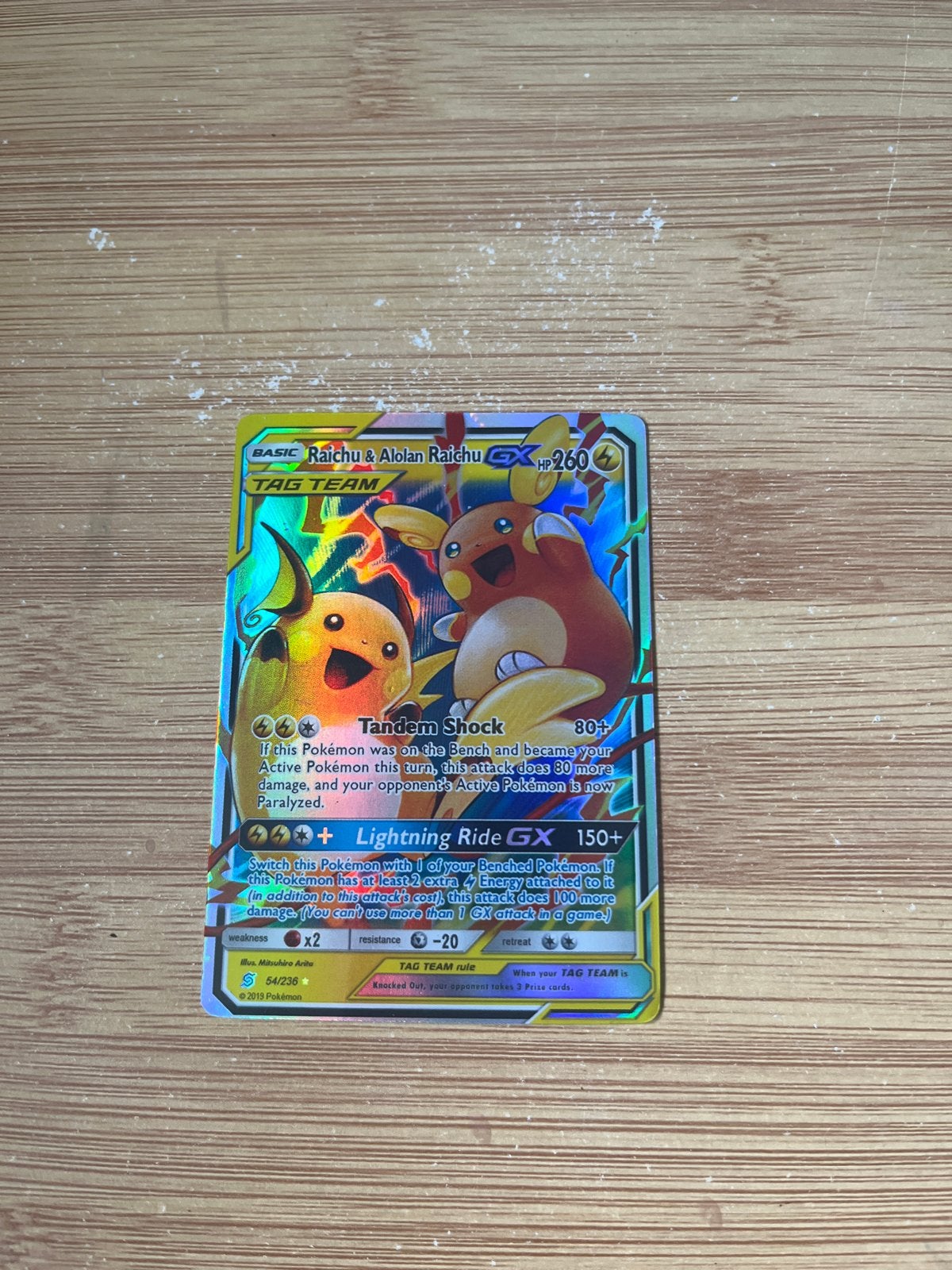 Raichu & Alolan Raichu GX Tag Team Pokémon Kaart, Ophalen of Verzenden, Gebruikt, Losse kaart, Foil