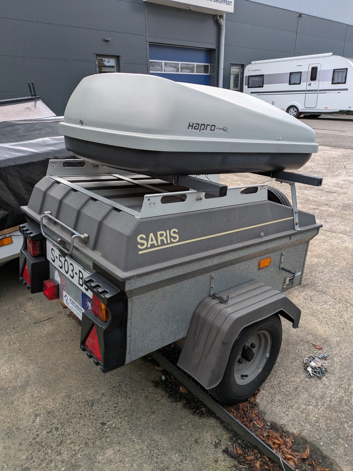 Bagagewagen/aanhanger Saris Speedy met dakkoffer, Ophalen, Gebruikt