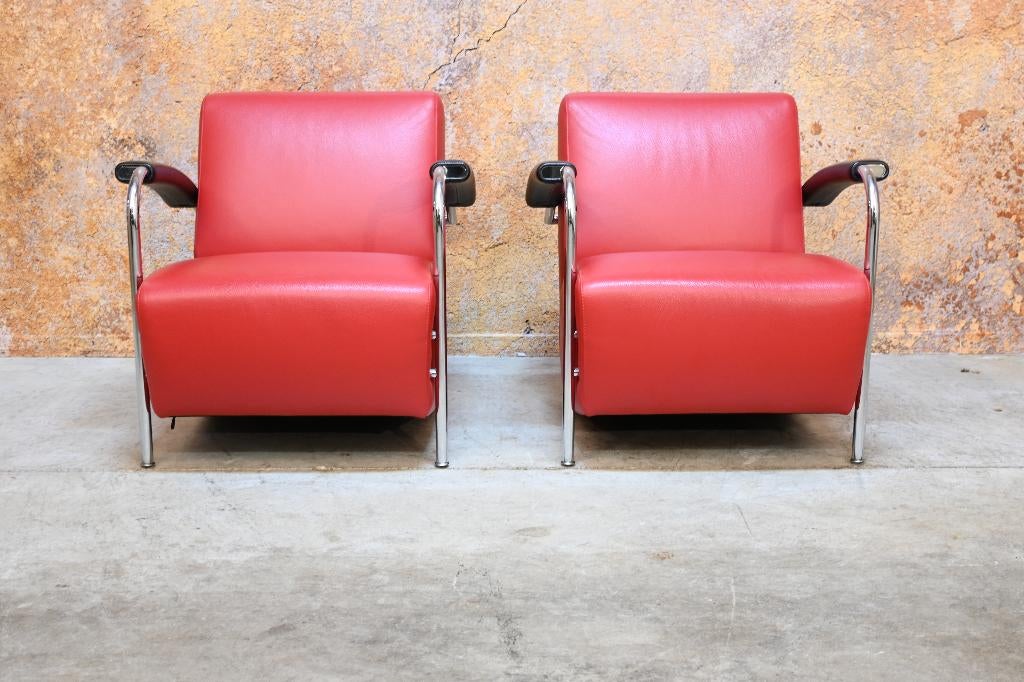 ZGANieuw 2 rode leren Leolux Scylla design fauteuils, Huis en Inrichting, Fauteuils, Leolux, Leolux, 75 tot 100 cm, Ophalen of Verzenden